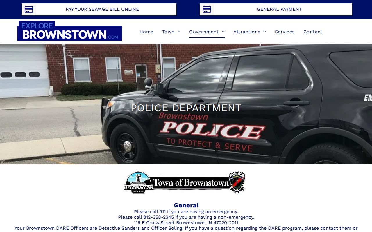 Brownstown Police Department official arrest-record contact page in Jackson County