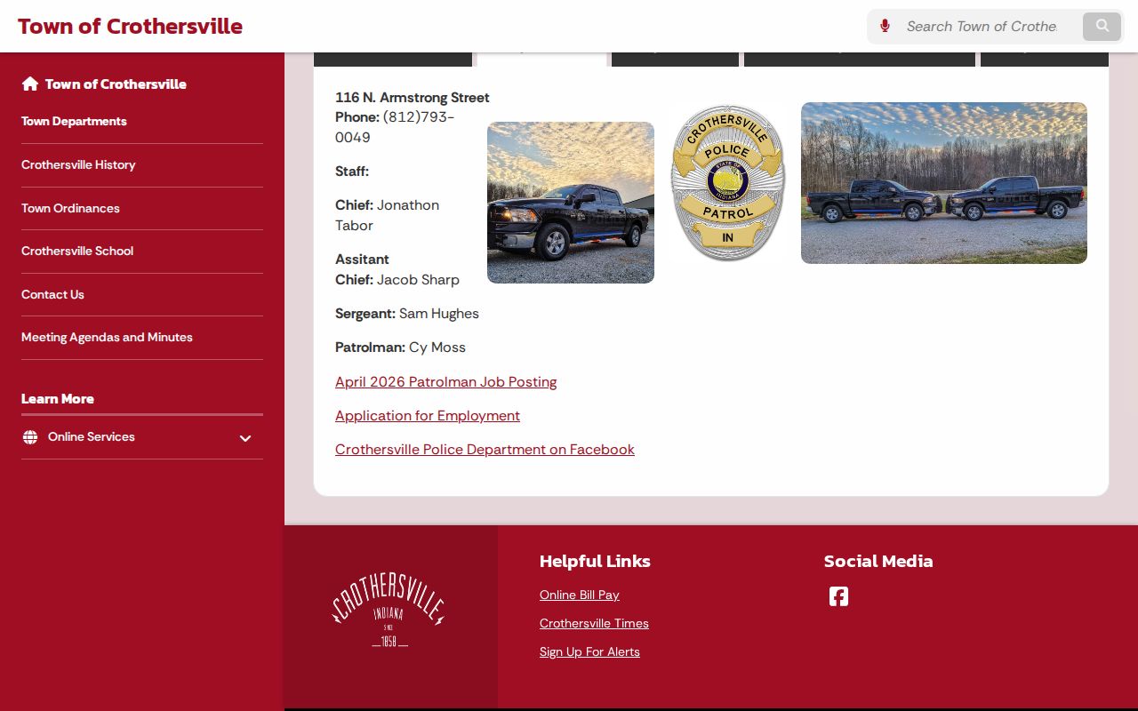 Crothersville Police Department official arrest-record contact page in Jackson County
