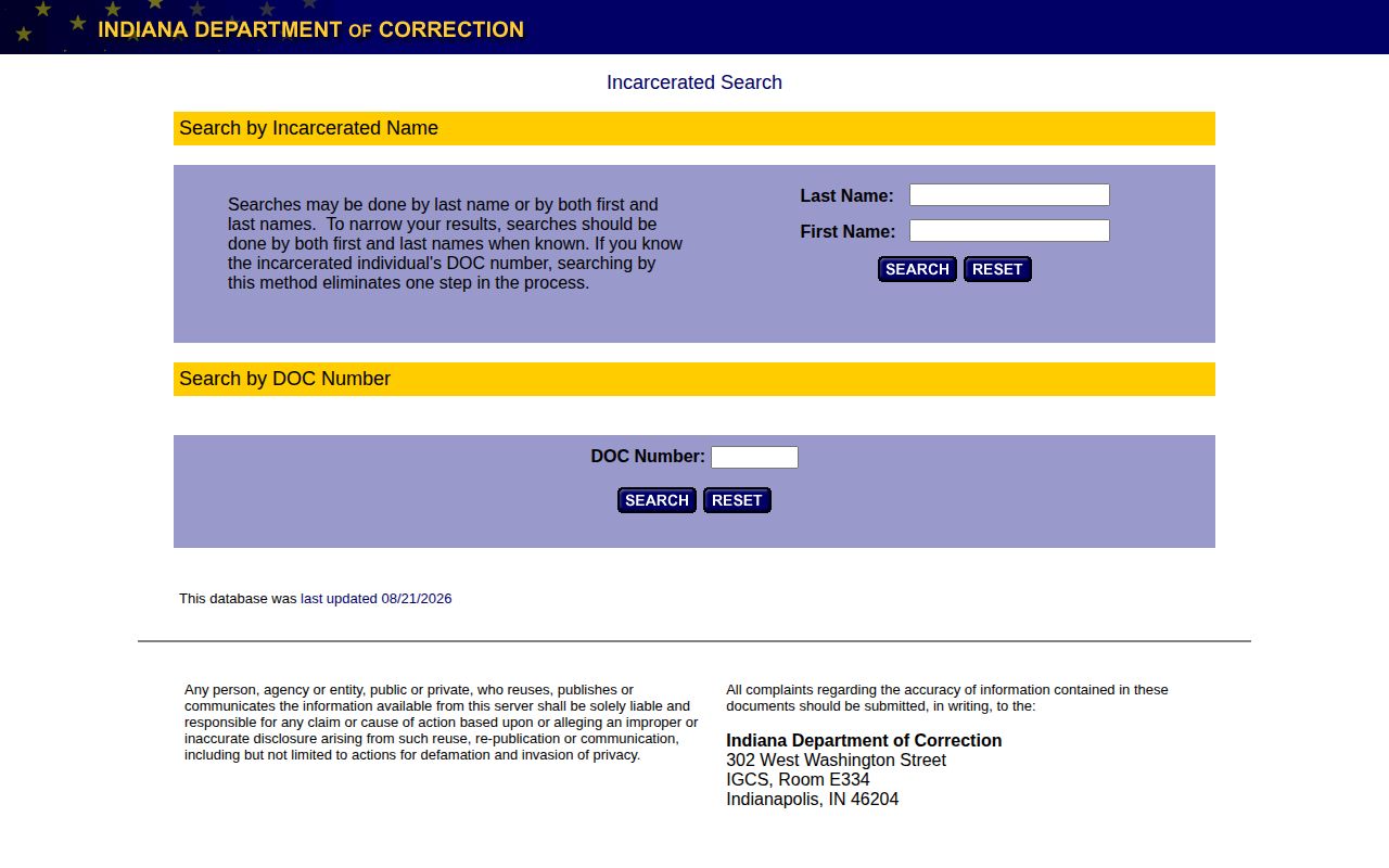 Indiana DOC offender search for Jackson County records