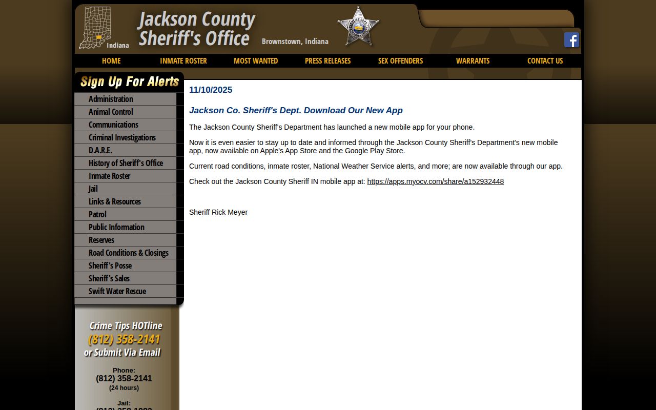 Jackson County Sheriff app announcement and inmate roster access